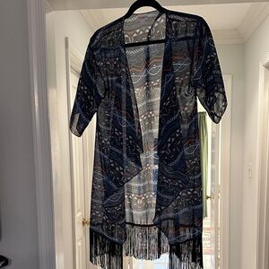 LuLaRoe Geometric Fringe Kimono - Blue and Black